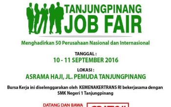 Slebaran job Fair yang akan dilaksanakan Sabtu 10 September 2016 di Asrama Haji Tanjungpinang