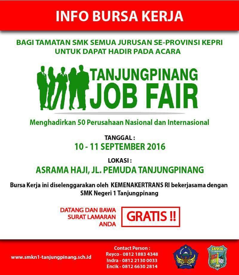 Slebaran job Fair yang akan dilaksanakan Sabtu 10 September 2016 di Asrama Haji Tanjungpinang