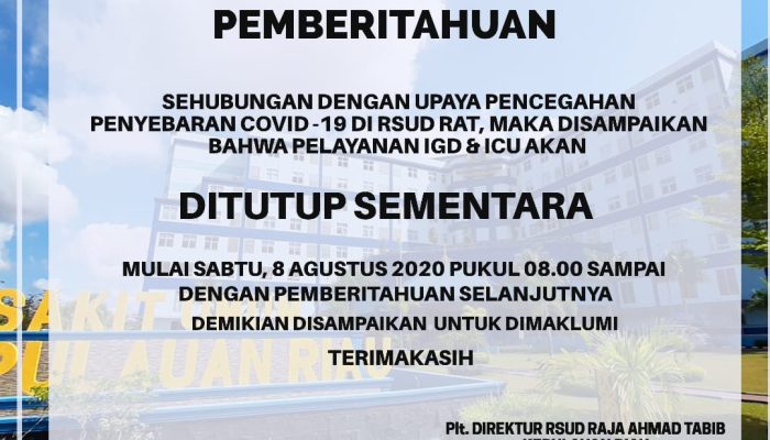 Pelayanan IGD Dan ICU RSUD RAT Ditutup Sementara
