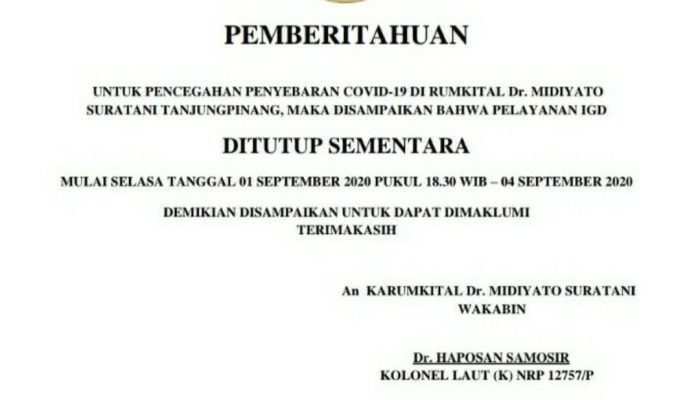 IGD Rumkital Ditutup Sementara 4 Hari