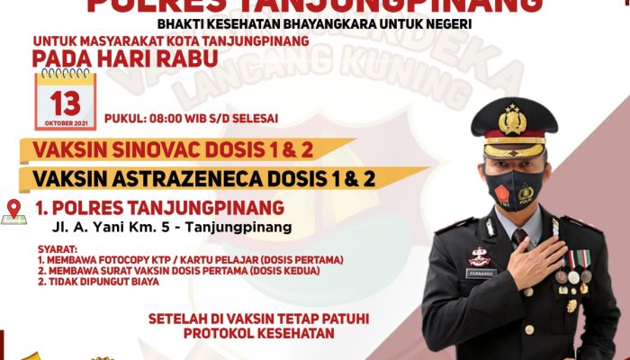 Hari Ini, Polres Tanjungpinang Buka Gerai Vaksinasi Presisi Sinovac dan Astrazeneca Dosis 1 Dan 2
