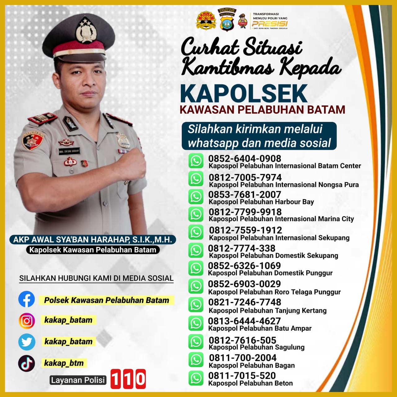 Polsek Kawasan Pelabuhan Batam Layani Pengaduan Gunakan WA Dan Medsos