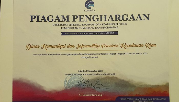 Diskominfo Kepri Raih Piagam Apresiasi atas Perannya dalam Mendukung KTT Ke-42 ASEAN