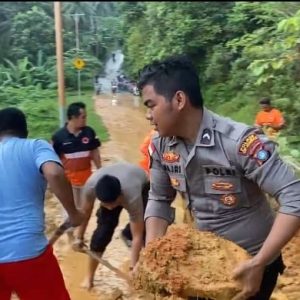 Polsek Palmatak Evakuasi Tanah Longsor Di Jalan Desa Matak