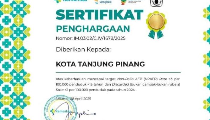 Tanjungpinang Terima Penghargaan Kemenkes atas Capaian Target Indikator Surveilans Penyakit Menular 2024