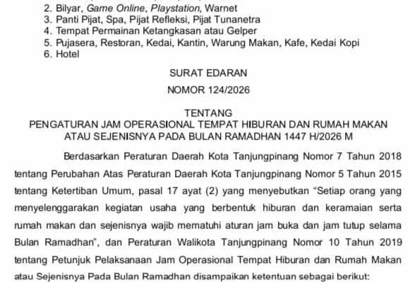 Ramadhan 1447 H, Pemko Tanjungpinang Terbitkan Surat Edaran Jam Operasional Tempat Hiburan dan Sejenisnya