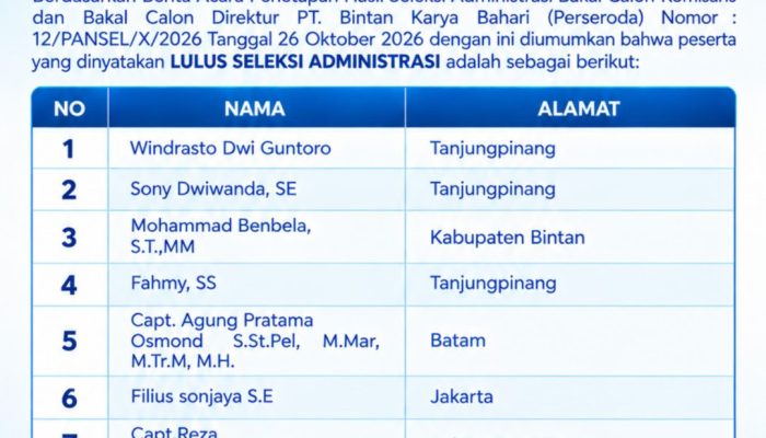 Tujuh Calon Direktur PT. Bintan Karya Bahari (Perseroda) Dinyatakan Lulus Seleksi Administrasi 
